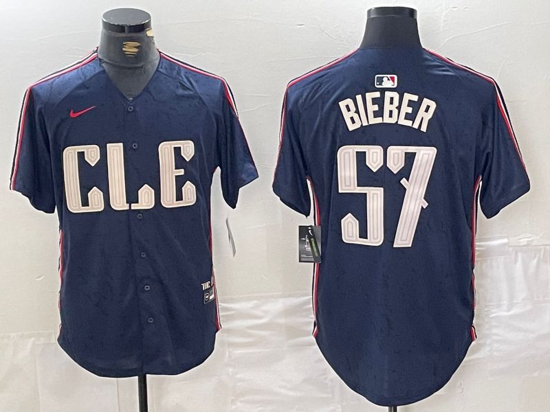 Men Cleveland Indians #57 Bieber Blue City Edition Nike 2024 MLB Jersey style 1